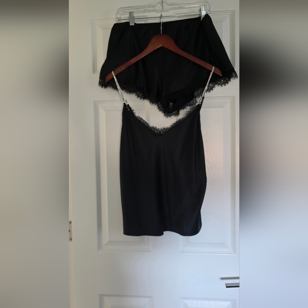 Black Lace-Trim Slip Top with Rhinestone Straps